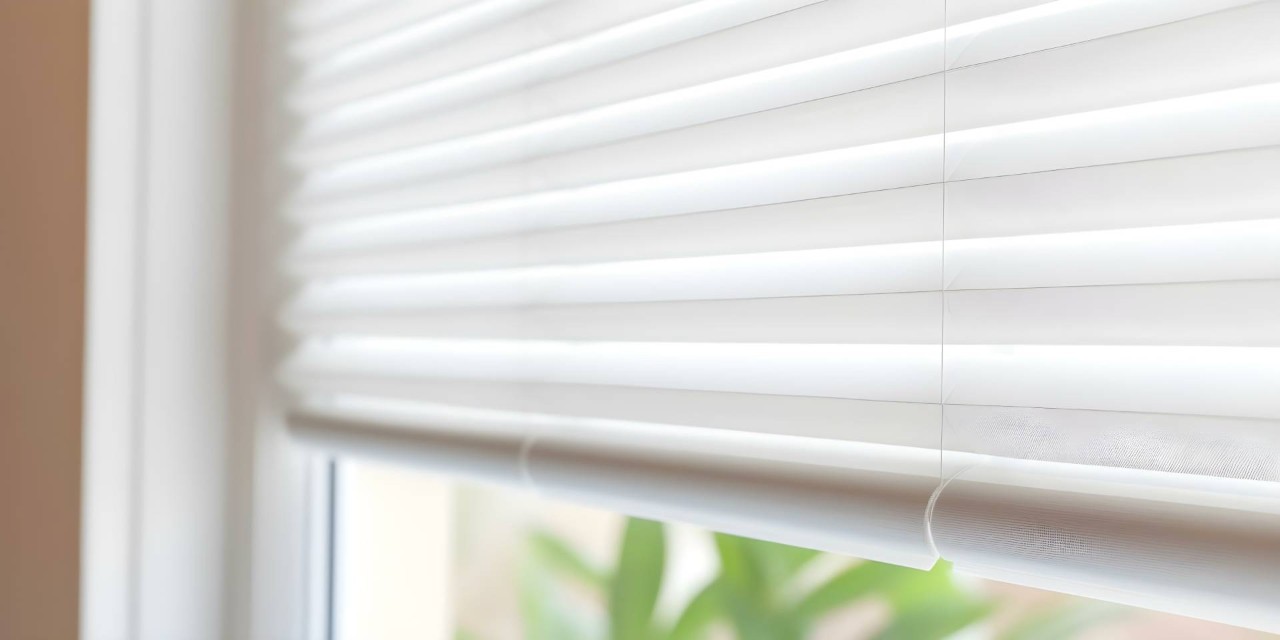 A living room window featuring white cordless wind blinds near Canoga Park, CA