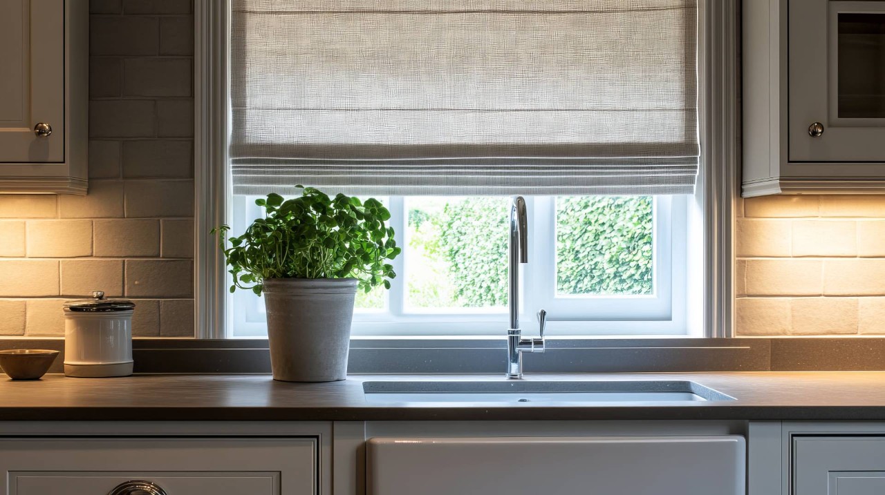 Custom Roman shades in a kitchen near Canoga Park, CA