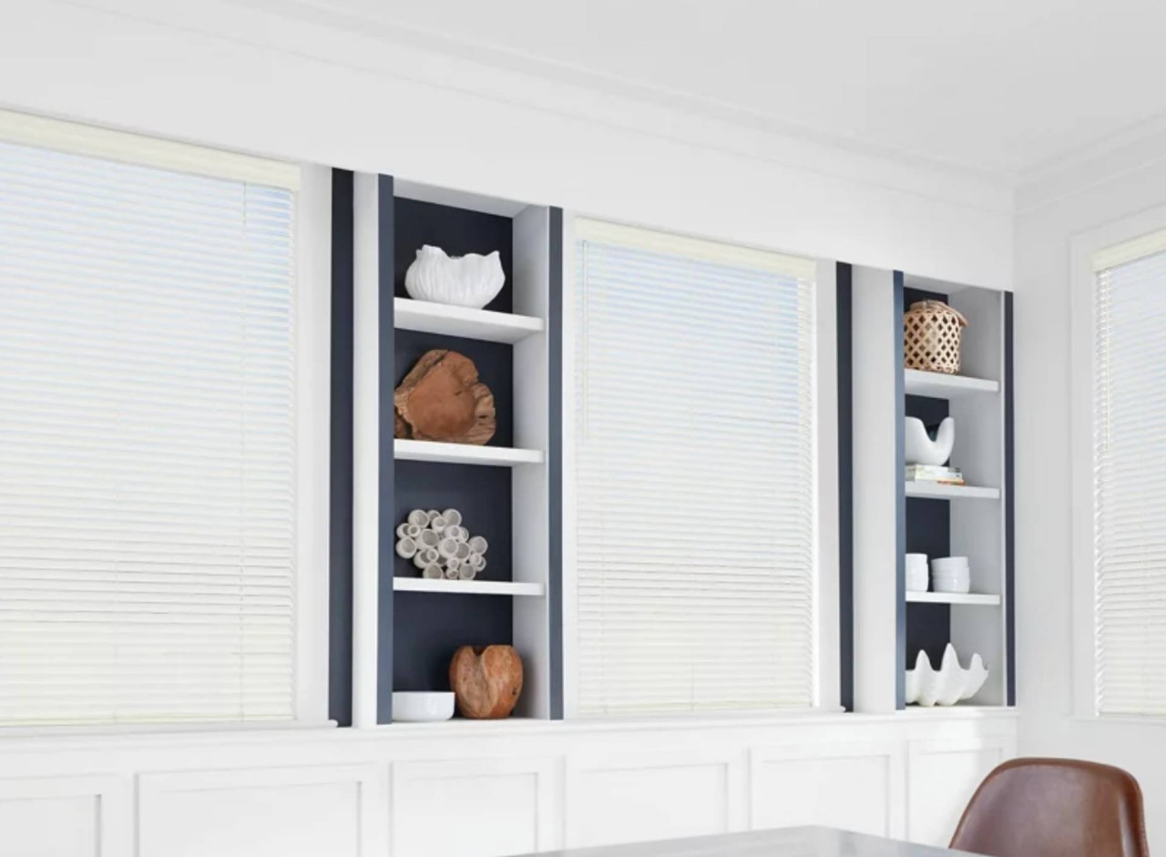 Hunter Douglas Everwood® Faux wood blinds in a living room near Canoga Park, CA